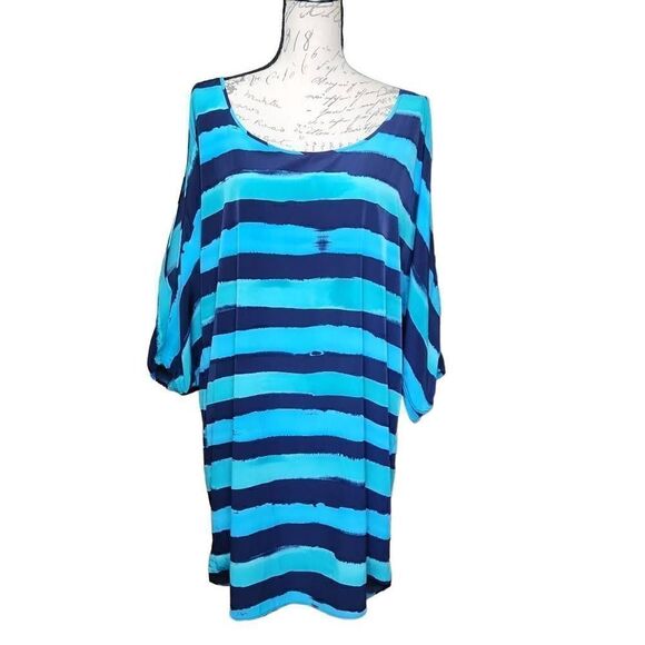 Express Ladies Size Large Teal Navy Blue Striped Cold Shoulder Dress - Picture 1 of 7